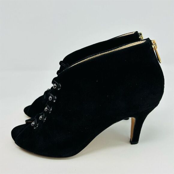 Adrienne Vittadini Women's Black Suede Peep Toe Booties Size 7.5 Back Zipper - Picture 6 of 12